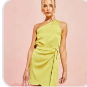 Tyche Mabel Satin One Shoulder Front Tie Mini Dress bright lime color size XS